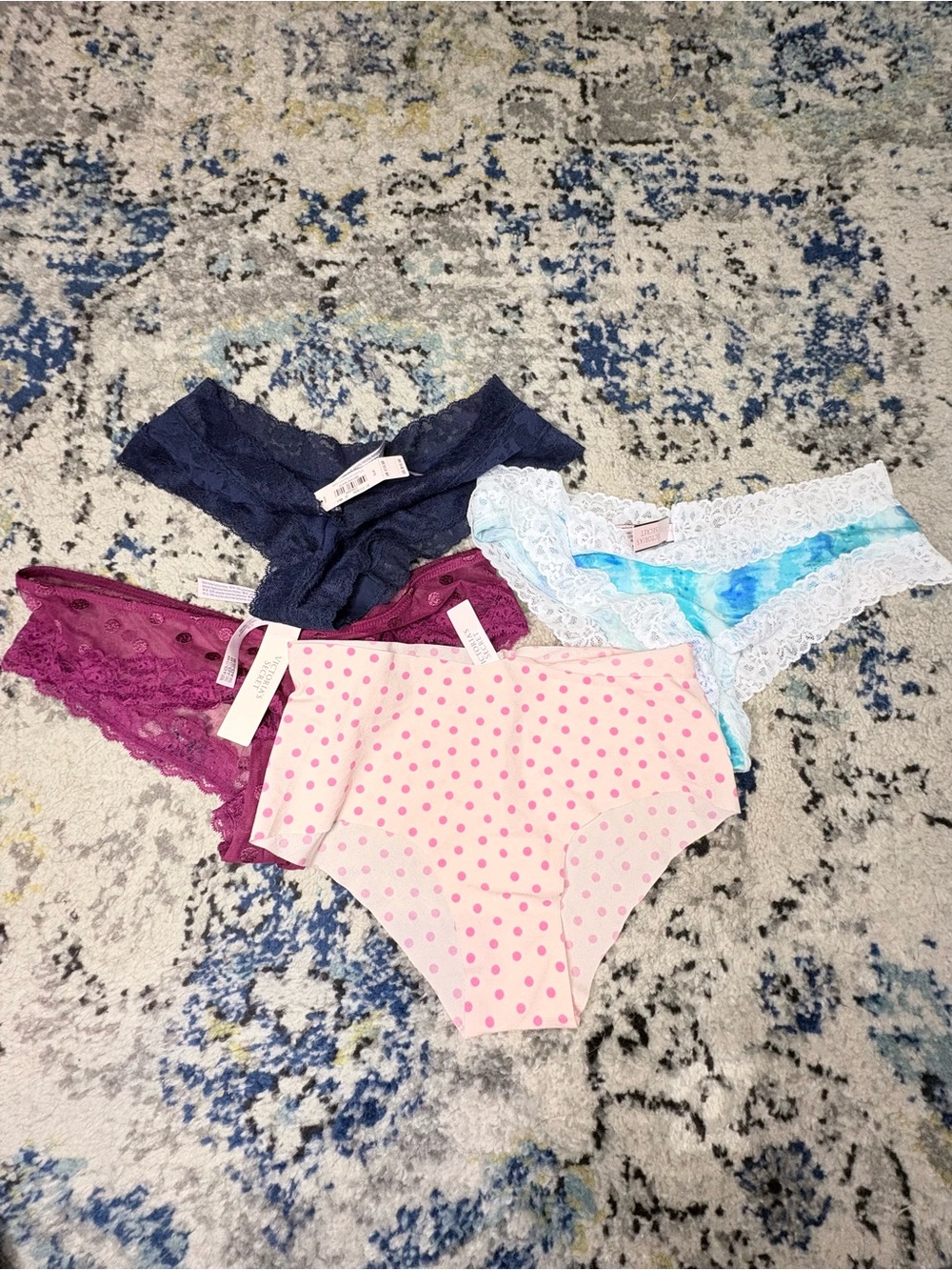 Victoria's Secret Pink Dot, Navy, Burgundy & Light Blue Lace Panty Bundle NWT